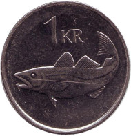 Монета 1 крона. 1992 год, Исландия. Треска. Монета 1 крона. 1992 год, Исландия. Треска.