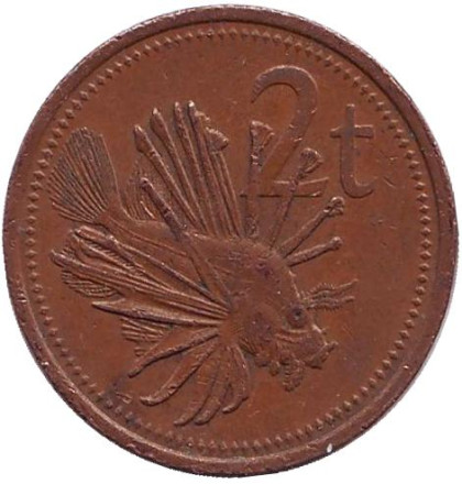 Монета 2 тойа. 1987 год, Папуа-Новая Гвинея. Рыба-лев.
