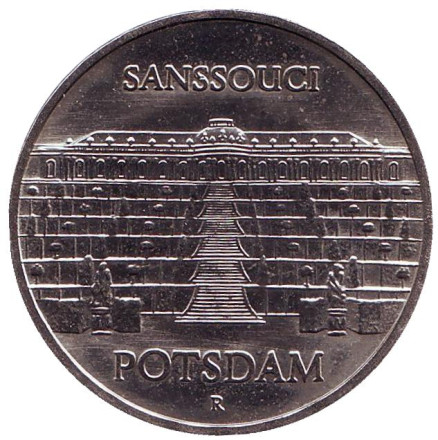 Монета 5 марок. 1986 год, Германия. Дворец Сан-Суси в Потсдаме.