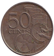 Монета 50 центов. 1977 год, Тринидад и Тобаго. Барабаны. Монета 50 центов. 1977 год, Тринидад и Тобаго. Барабаны.