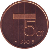 Монета 5 центов. 1990 год, Нидерланды. BU. Монета 5 центов. 1990 год, Нидерланды. BU.