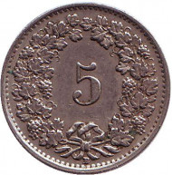 Монета 5 раппенов. 1950 год, Швейцария. Монета 5 раппенов. 1950 год, Швейцария.