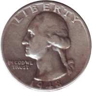 Монета 25 центов. 1948 год, США. (Отметка монетного двора D). Вашингтон. Монета 25 центов. 1948 год, США. (Отметка монетного двора D). Вашингтон.