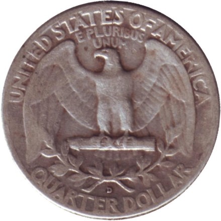 Монета 25 центов. 1948 год, США. (Отметка монетного двора D). Вашингтон. Монета 25 центов. 1948 год, США. (Отметка монетного двора D). Вашингтон.