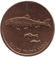 Монета 1 толар. 1995 год, Словения. Ручьевая форель. Монета 1 толар. 1995 год, Словения. Ручьевая форель.