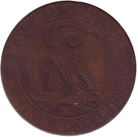 Монета 5 сантимов. 1854 год (W), Франция. Наполеон III.