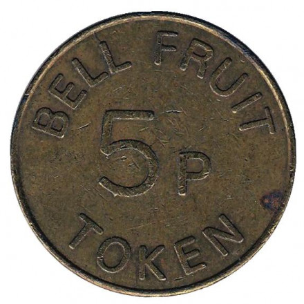 Игровой жетон "5p / TOKEN. Bell Fruit". (Токен), Великобритания. (Толстая "5") Игровой жетон "5p / TOKEN. Bell Fruit". (Токен), Великобритания. (Толстая "5")