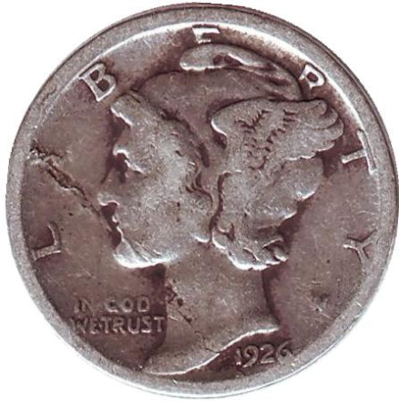 Монета 10 центов. 1926 год, США. Без обозначения монетного двора. Меркурий.