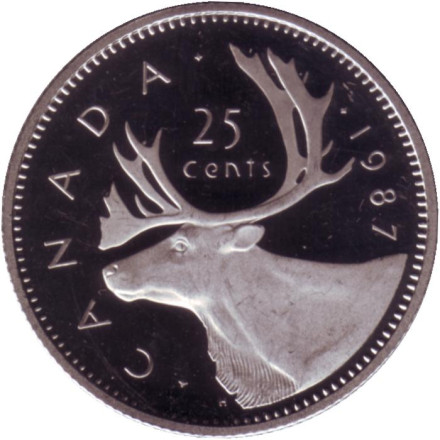 Монета 25 центов. 1987 год, Канада. (Proof). Канадский олень (Карибу).