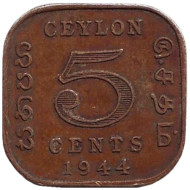 Монета 5 центов. 1944 год, Цейлон. Монета 5 центов. 1944 год, Цейлон.