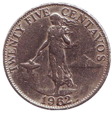 Монета 25 сентаво. 1962 год, Филиппины. Из обращения.