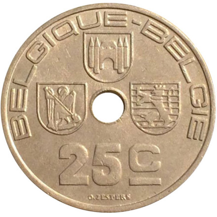 Монета 25 сантимов. 1939 год, Бельгия.