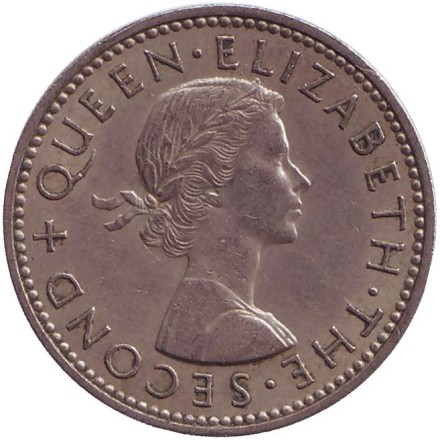 Монета 1 шиллинг. 1958 год, Новая Зеландия. Воин Маори.