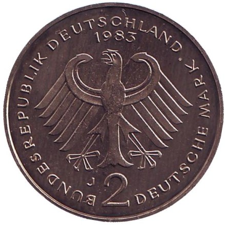 Монета 2 марки. 1983 год (J), ФРГ. Курт Шумахер. Монета 2 марки. 1983 год (J), ФРГ. Курт Шумахер.