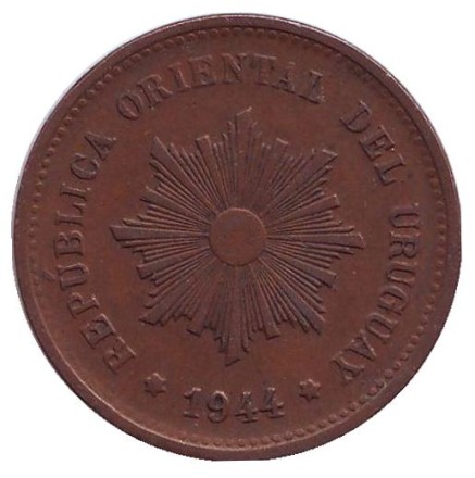 Монета 5 сентесимо. 1944 год, Уругвай. Монета 5 сентесимо. 1944 год, Уругвай.
