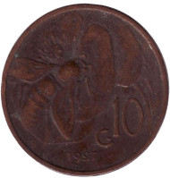 Монета 10 чентезимо. 1927 год, Италия. Пчела.