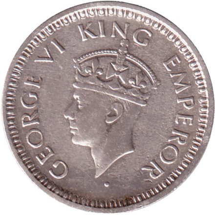 Монета 1/4 рупии. 1943 год, Индия Британская. ("♦" - Бомбей, гурт рубчатый с желобом). Монета 1/4 рупии. 1943 год, Индия Британская. ("♦" - Бомбей, гурт рубчатый с желобом).