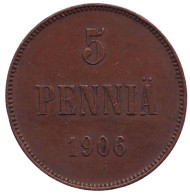 Монета 5 пенни. 1906 год, Финляндия в составе Российской Империи. Монета 5 пенни. 1906 год, Финляндия в составе Российской Империи.