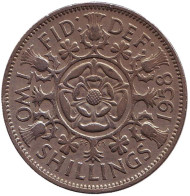 Монета 2 шиллинга. 1958 год, Великобритания.