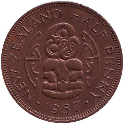 Монета 1/2 пенни, 1957 год, Новая Зеландия. Амулет-талисман Хей-Тики.