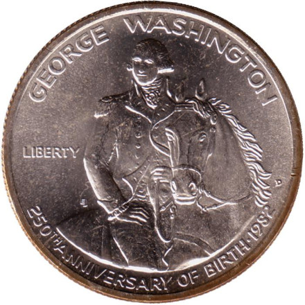 Монета 50 центов (D). 1982 год, США. 250-летие со дня рождения Вашингтона.