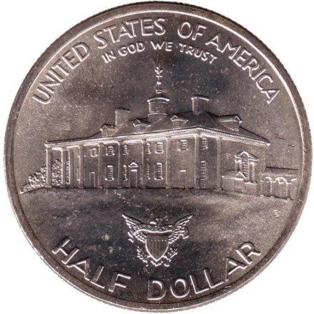 Монета 50 центов (D). 1982 год, США. 250-летие со дня рождения Вашингтона. Монета 50 центов (D). 1982 год, США. 250-летие со дня рождения Вашингтона.