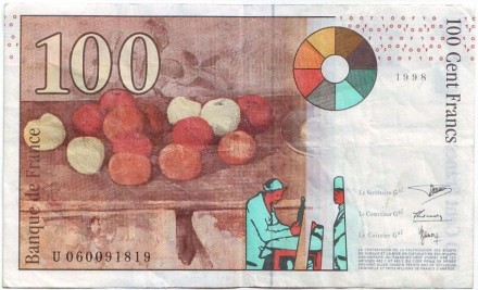 Банкнота 100 франков. 1998 год, Франция. Поль Сезанн. Банкнота 100 франков. 1998 год, Франция. Поль Сезанн.