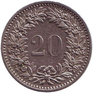 Монета 20 раппенов. 1974 год, Швейцария. Монета 20 раппенов. 1974 год, Швейцария.