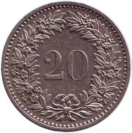 Монета 20 раппенов. 1974 год, Швейцария.