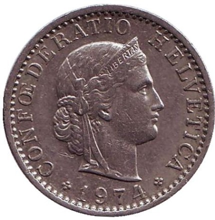 Монета 20 раппенов. 1974 год, Швейцария. Монета 20 раппенов. 1974 год, Швейцария.