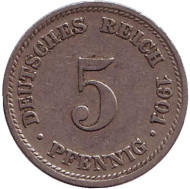 Монета 5 пфеннигов. 1901 год (D), Германская империя.