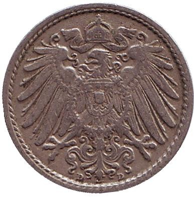 Монета 5 пфеннигов. 1901 год (D), Германская империя. Монета 5 пфеннигов. 1901 год (D), Германская империя.