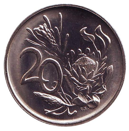 Монета 20 центов. 1983 год, ЮАР. UNC. Цветок протея.