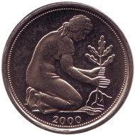 Монета 50 пфеннигов. 2000 год (F), ФРГ. Женщина, сажающая дуб. Монета 50 пфеннигов. 2000 год (F), ФРГ. Женщина, сажающая дуб.