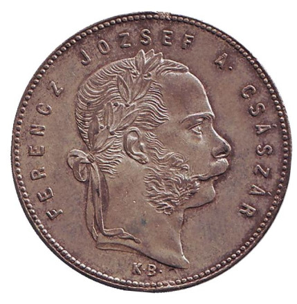 Монета 1 форинт. 1869 год, Австро-Венгерская империя. Венгерский тип. ("KB" - Кремница).
