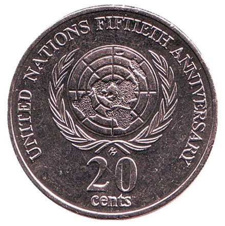 Монета 20 центов. 1995 год, Австралия. 50 лет ООН.