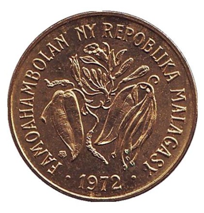Монета 10 франков. 1972 год, Мадагаскар. UNC. Буйвол. Стручки ванили.