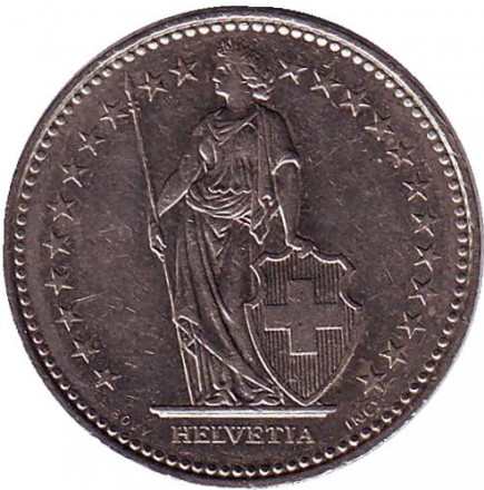 Монета 1 франк. 1986 год, Швейцария. Гельвеция. Монета 1 франк. 1986 год, Швейцария. Гельвеция.