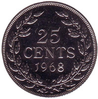 Монета 25 центов. 1968 год, Либерия.