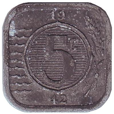 Монета 5 центов. 1942 год, Нидерланды. Состояние - F.
