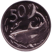 Тунец. Монета 50 центов. 1975 год, Острова Кука. (Отметка монетного двора: "FM"). 