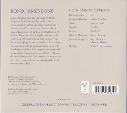 Монета 5 фунтов. 2023 год, Великобритания. Джеймс Бонд, агент 007. Little Nellie. В буклете.