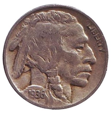 Монета 5 центов. 1936 год (D), США. Бизон. Индеец. Монета 5 центов. 1936 год (D), США. Бизон. Индеец.