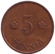 Монета 5 пенни. 1940 год, Финляндия. Монета 5 пенни. 1940 год, Финляндия.