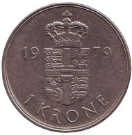 Монета 1 крона. 1979 год, Дания. Монета 1 крона. 1979 год, Дания.