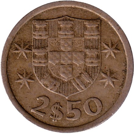 Монета 2,5 эскудо. 1968 год, Португалия.