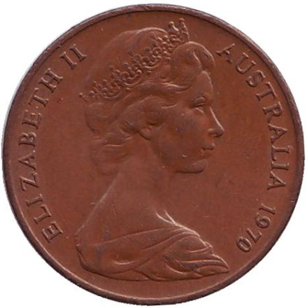 Монета 2 цента. 1970 год, Австралия. Плащеносная ящерица. Монета 2 цента. 1970 год, Австралия. Плащеносная ящерица.