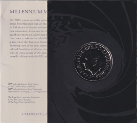 Монета 5 фунтов. 2024 год, Великобритания. Джеймс Бонд, агент 007. Hovercraft. В буклете.