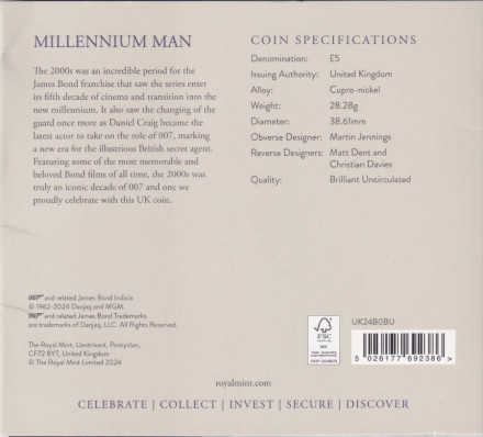 Монета 5 фунтов. 2024 год, Великобритания. Джеймс Бонд, агент 007. Hovercraft. В буклете.