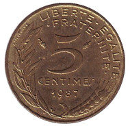 Монета 5 сантимов. 1987 год, Франция. Монета 5 сантимов. 1987 год, Франция.